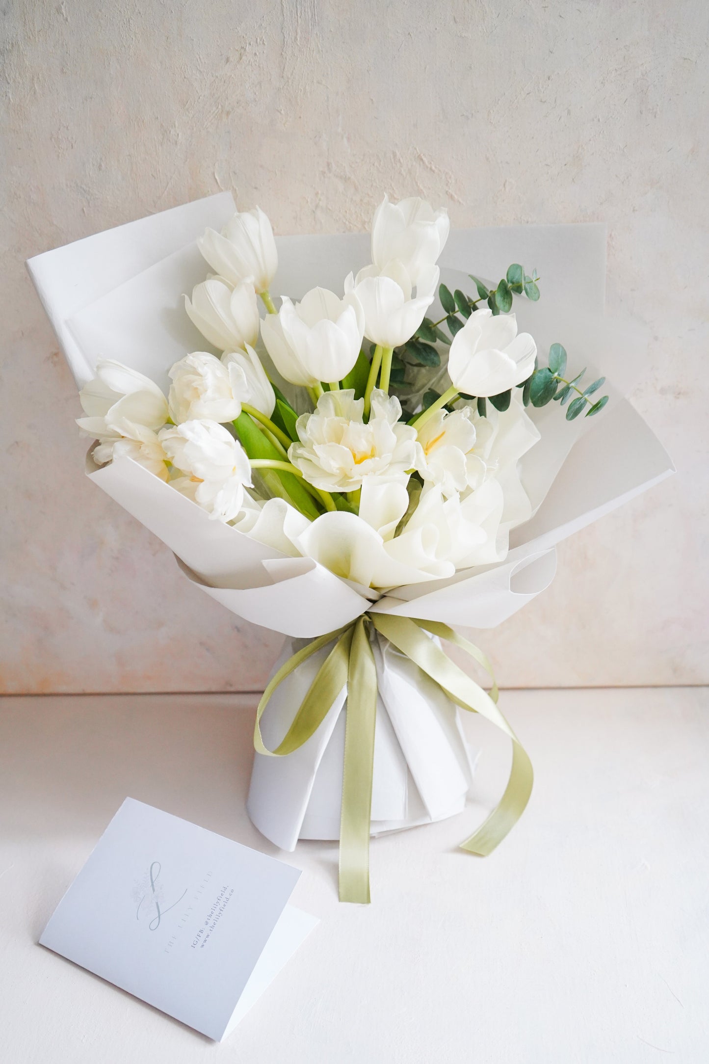 ELEGANT | WHITE TULIPS BOUQUET WITH EUCALPYTUS